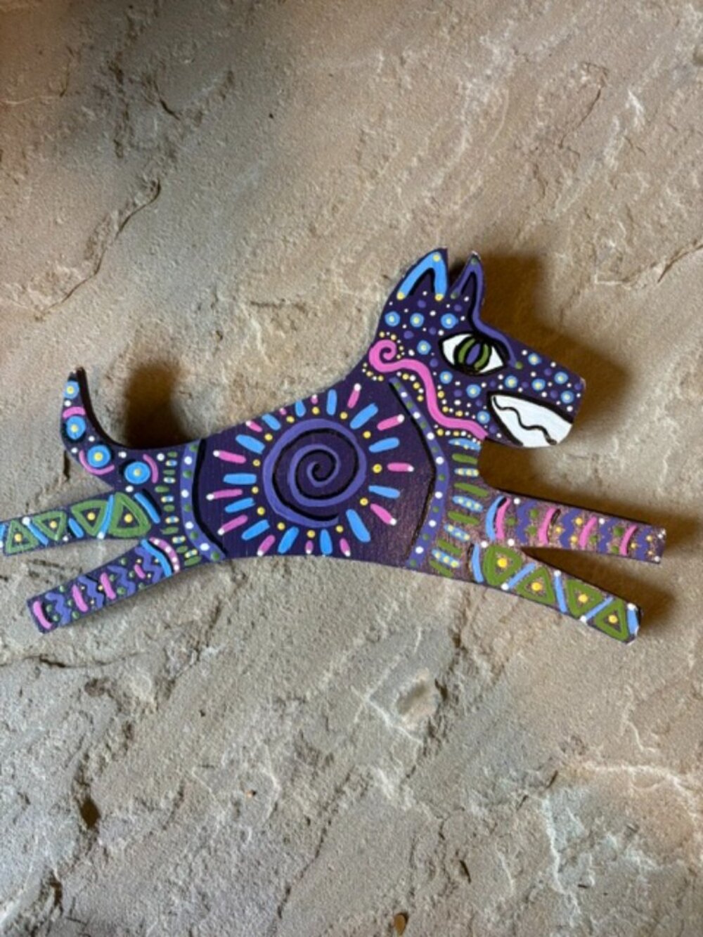 Vintage Yellow Dog Folk Outsider Art Hand Painted Decatur GA Vibrant Purple Wood